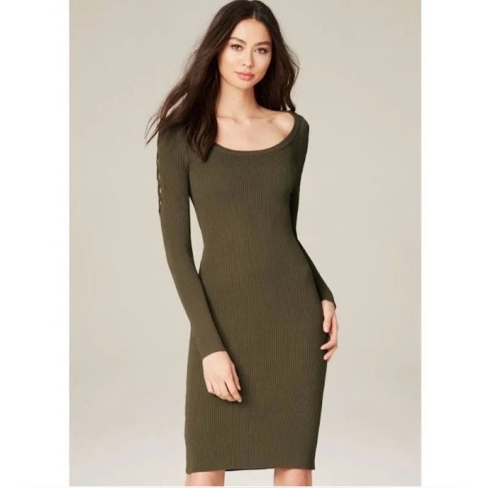 Bebe Midi Bodycon Ribbed Green Dress Lace Up Sleeve Size XS NWT Holiday Cocktail